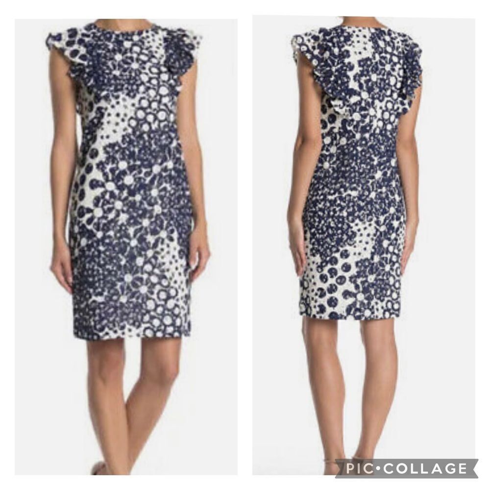 TRINA TURK Women’s Energy Blue White Ruffle Cap Sleeves Dress Size 4